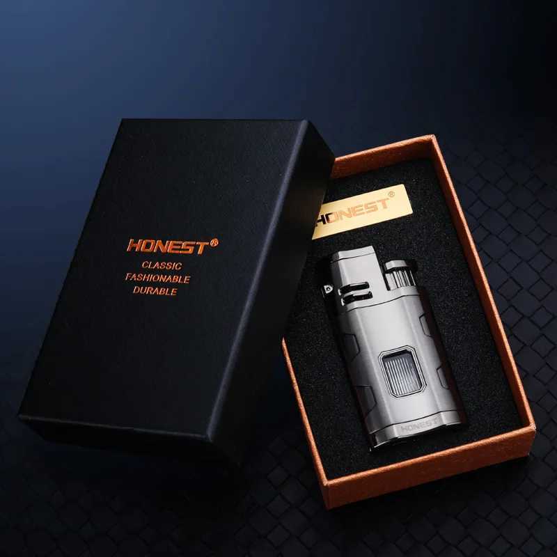 HONEST Metal Multifunctional Outdoor Windproof Butane Gas Lighter Turbo 3 Torch Blue Flame Straight Cigar Lighter Mens Gift C251016