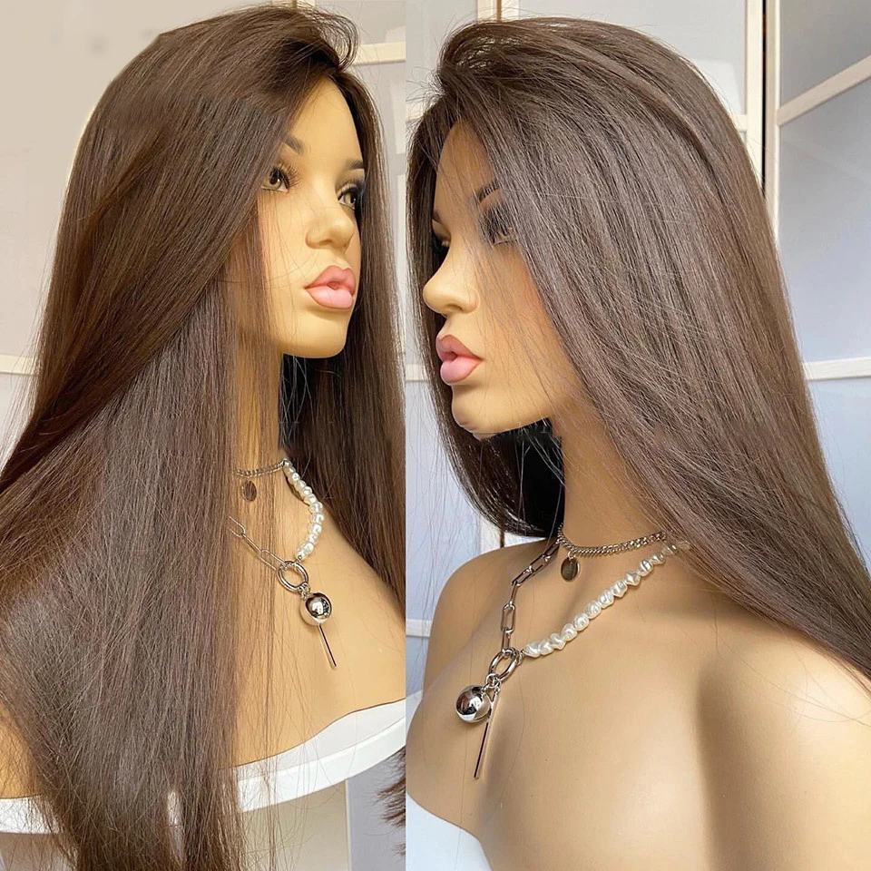 Raw virgin hair european wig Chocolate Brown full Human Hair Wigs #4 Dark Brown Colored Straight Lace Frontal Wig For Women Hand tied