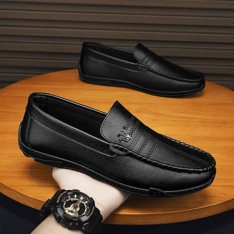White Black Leather Men Casual Shoes Formal Dress Shoes Men Loafers Breathable Slip on Driving Shoes 251013