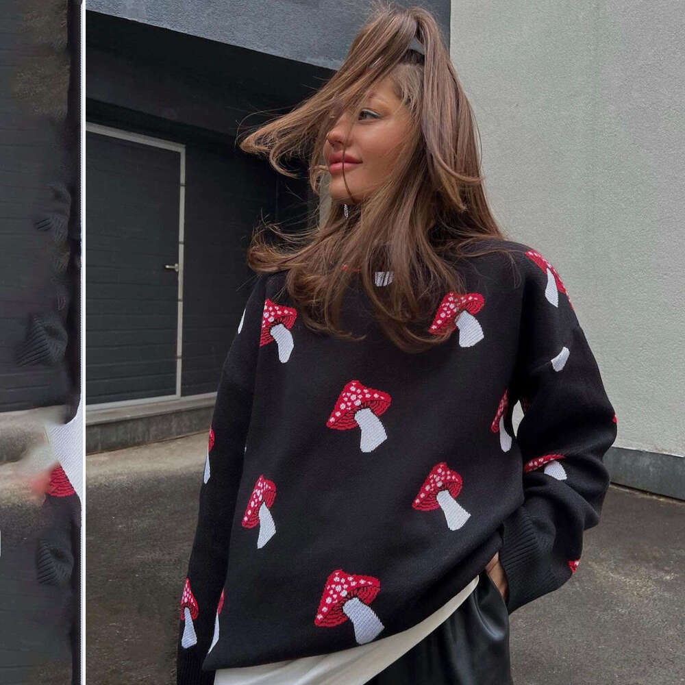 Loose Mushroom Sweater For Women, Round Neck, Long Sleeve, Pullover Knitted Sweater, Autumn Winter Top B5