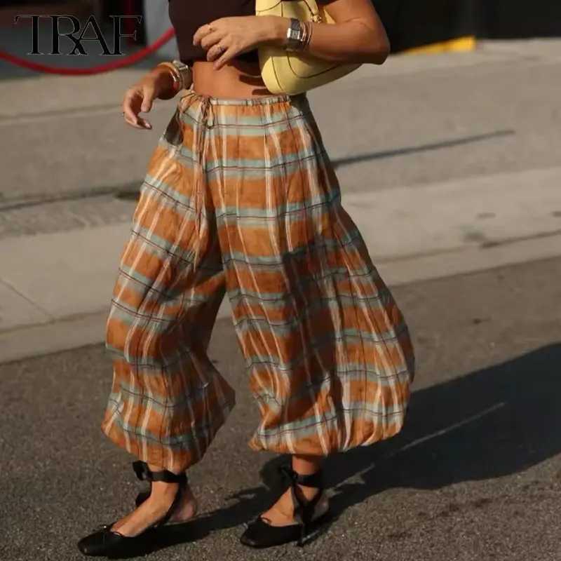 2025 Womens Pants Check Balloon Trousers for Woman MidRise Elasticated Drstring Waistband Loose Comfort Casual Pants W251015