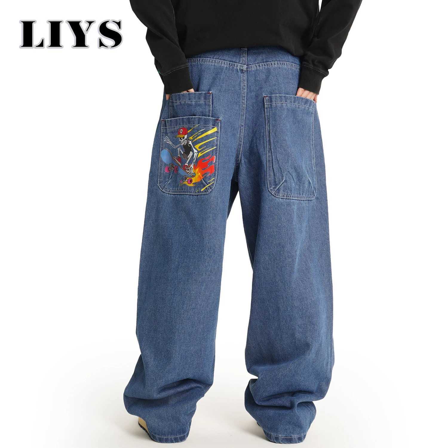 American Retro Mens Loose Wide Leg Skateboard Jeans Korean Version Street Personality Skateboard Skull Print Baggy Denim Pants J251016