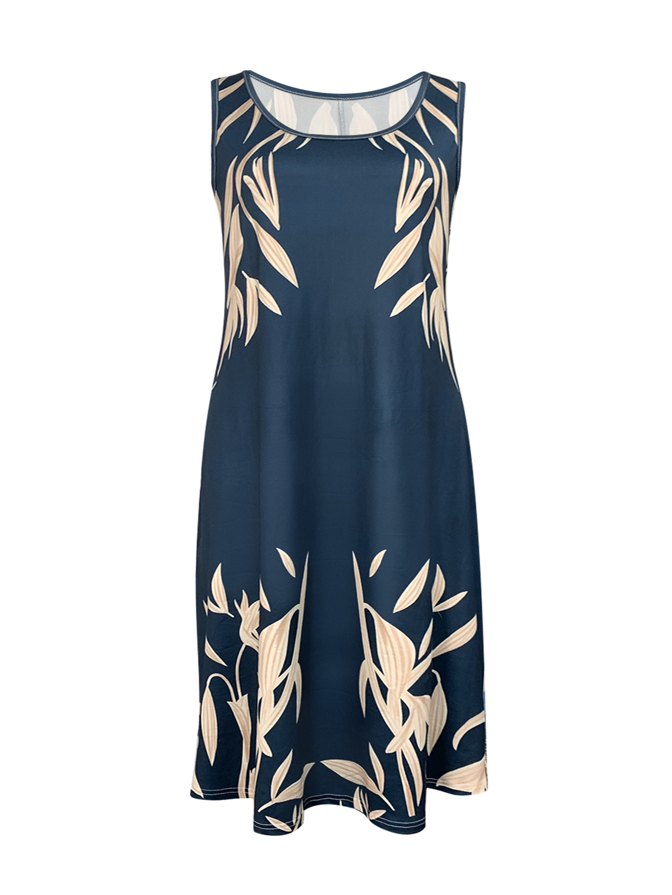 Women's Plus Size Summer Beach Vacation Plant Printed Sleeveless Tank Milk Silk Casual Midi Dress - Blue-YL25244