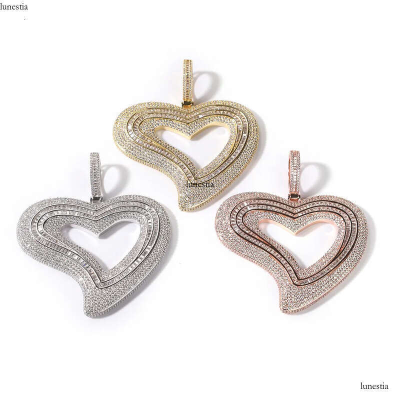 Iced Out Heart Necklace Rose Gold Sier Plated Big Pendant Mens Hip Hop Necklaces Jewelry