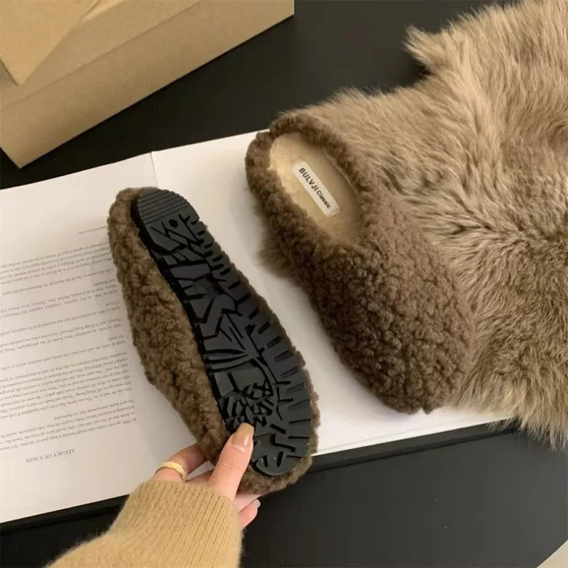 Winter Warm Plush Mules Women One Band Fur Slippers Cozy Cotton Shoes Woman Flats Cover Toe Fleeces Slides Femme Wool Pantuflas 251013