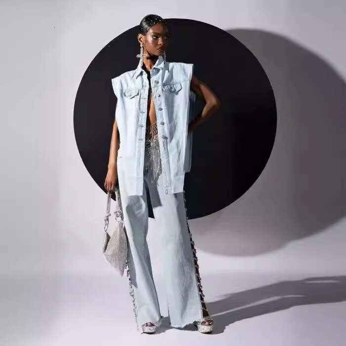 Long Chain Hot Girl Jeans Thin Straight Summer Slim Side Slit Casual Loose Wide Leg Pants B5