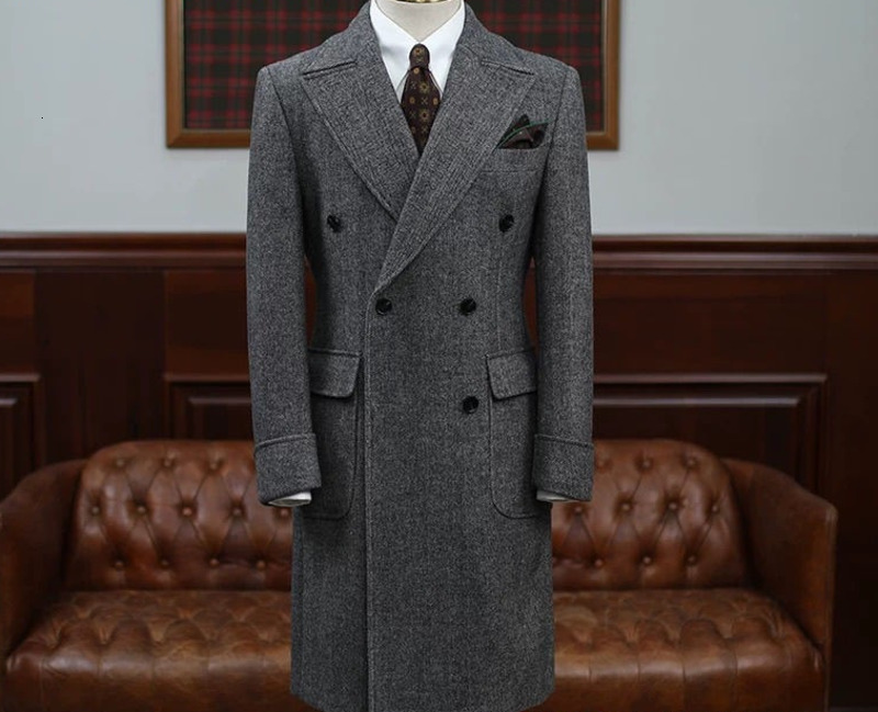 British Style Coat Autumn Winter Jacket Herringbone Pattern New Mens Slim Fit Trench Coat MidLength Woolen Coat Double Breasted 241228Z