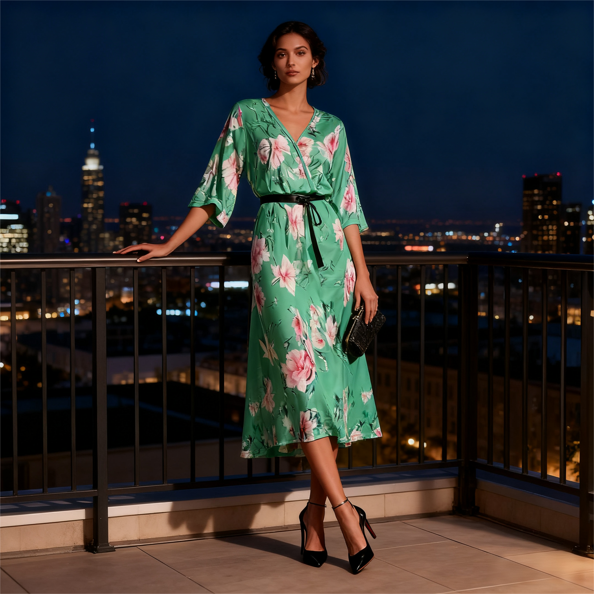 Women's Autumn Elegant Vacation V-Neck 3/4 Sleeve Floral Printed Milk Silk Midi Dress - Green-CF53747