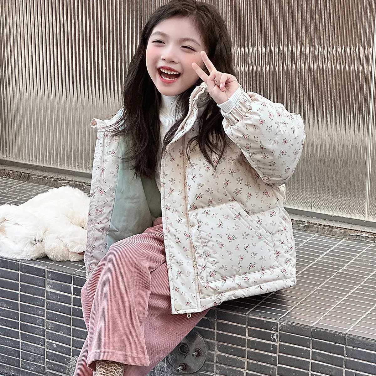 Floral Cotton Jacket for Girls Winter Clothing Children Down Cotton Hooded Jacket Thickened Coat for Baby Girls Loose CardiganT251016