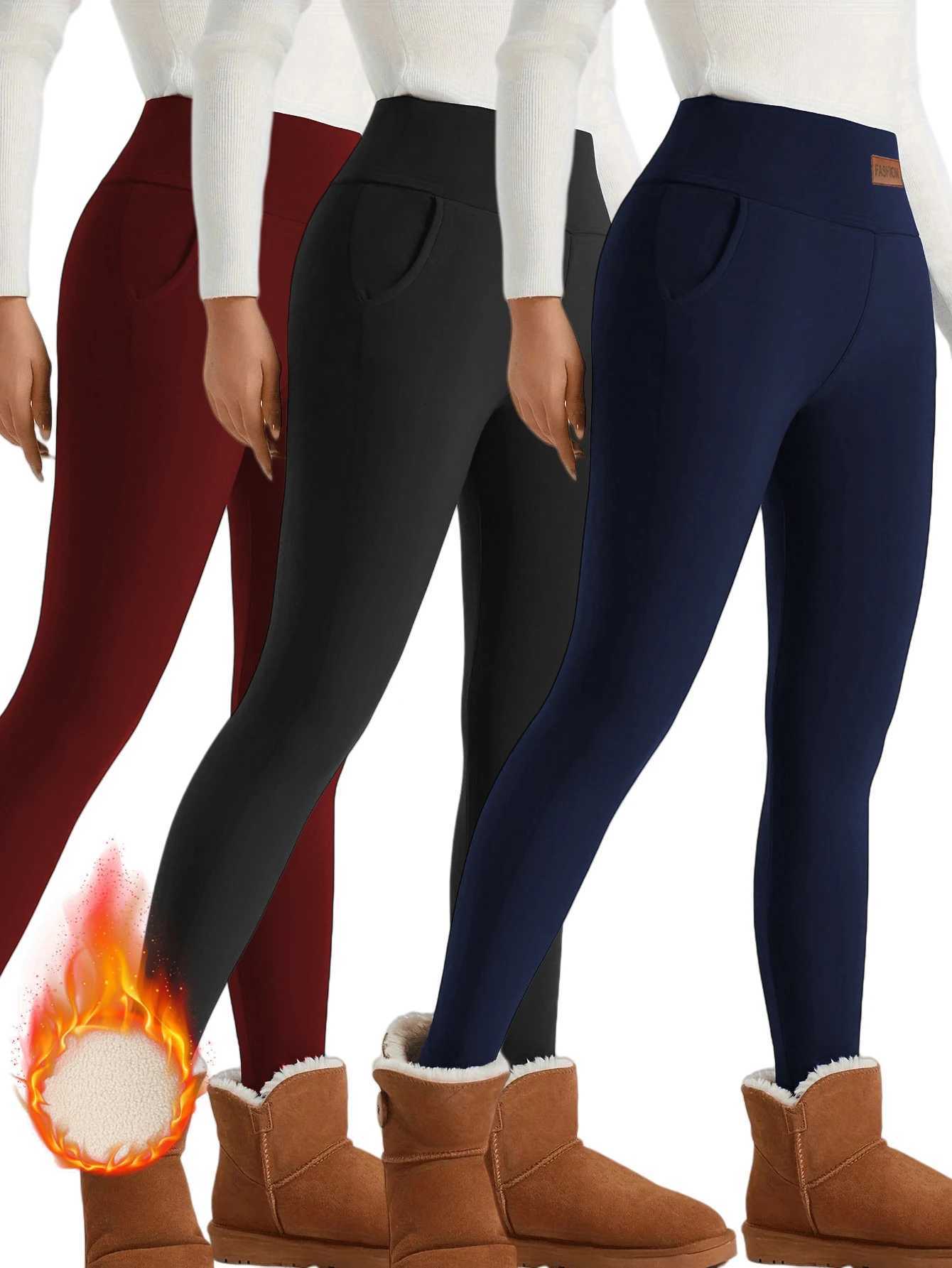 3 Pack Winter Warm PantsFleece Lined High Waist Leggings for Women BlackNavyWine Red Thickened Thermal Trousers WindproofT251016