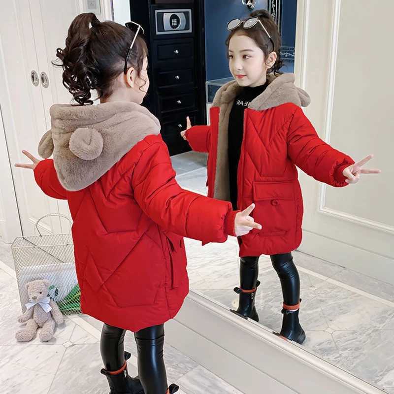 4 5 6 7 8 9 10 11 12 Years Winter Girls Jacket Plus Velvet Keep Warm Cute Bear Hooded Little Princess Coat Childrens ClothingT251016