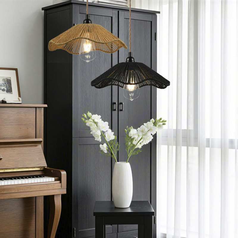 Paper Rope Hand Woven Lampshade Rattan Chandelier Lamp Covers Handwoven Rope Lampshade Rustic Decorative Hanging Lights Decor