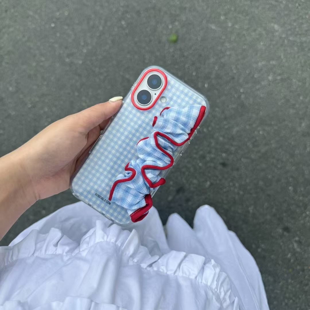 Version Red and Wristband Color-Block Blue Stripes Compatible with iPhone 17 Pro Case 15 Korean Style 14 Full Coverage Niche