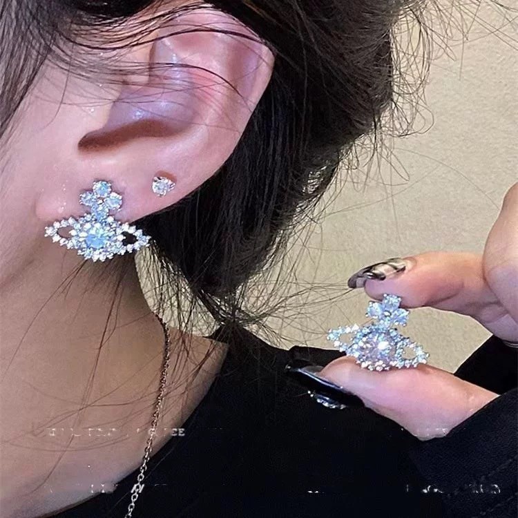 Designer Earring Saturn Star Srud Earrings With Zircon Diamond 925 Silver Needle Earrings for Women Earbone Clip Simple Fashion Gift Jewelry