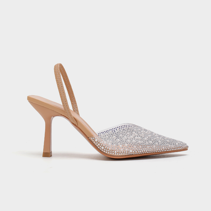 Women's Fashion Apricot Pointed Toe Rhinestone-Embellished Stiletto Heel Mules - TPU & Artificial Leather 9CM High Heel Shoes-25030