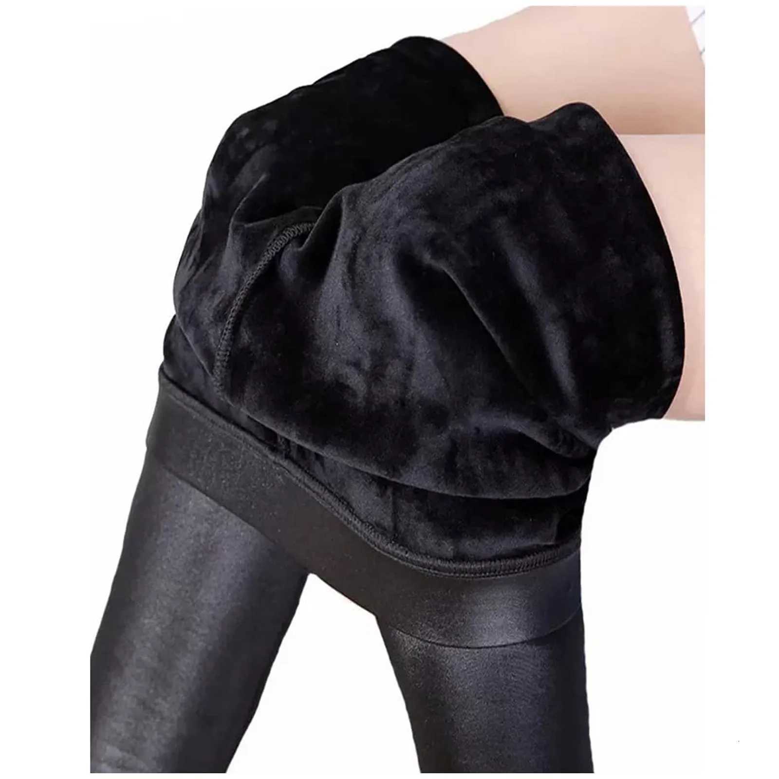 Plus Size 4XL Warm Imitation Leather Leggings Women Pantalones High Waist Thermal Pants Winter Silk Fleece Trousers JeggingsT251016