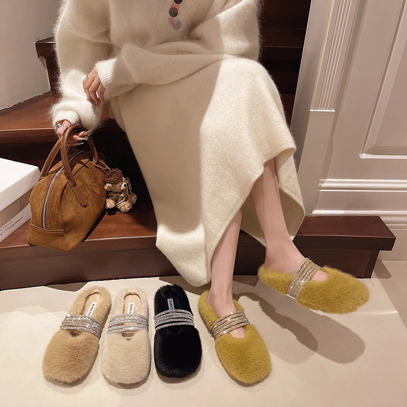 French Mary Jane womens shoes mink fur autumn and winter style suitable for outer wear cotton shoes slipon warm 251013