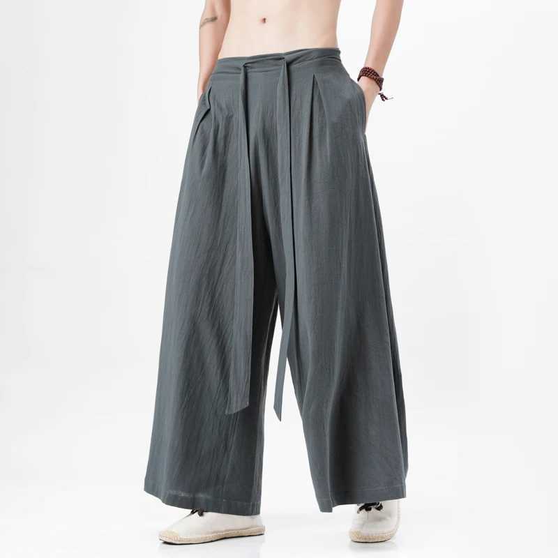 2023 Chinese Style Harajuku Linen Cotton Linen Pants Man Japanese Kimono Pants Male Streetwear Summer Retro WideLeg Trousers W251015