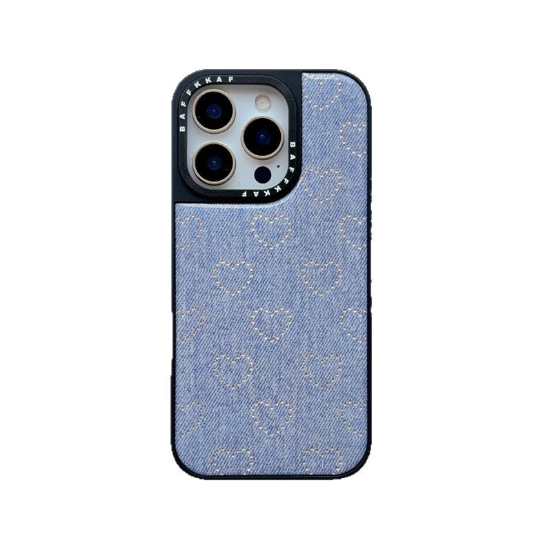 Trendy Black Frame Denim Silver Heart iPhone 17/16 Compatible iPhone15/14/13 Pro Max Phone Case Cover