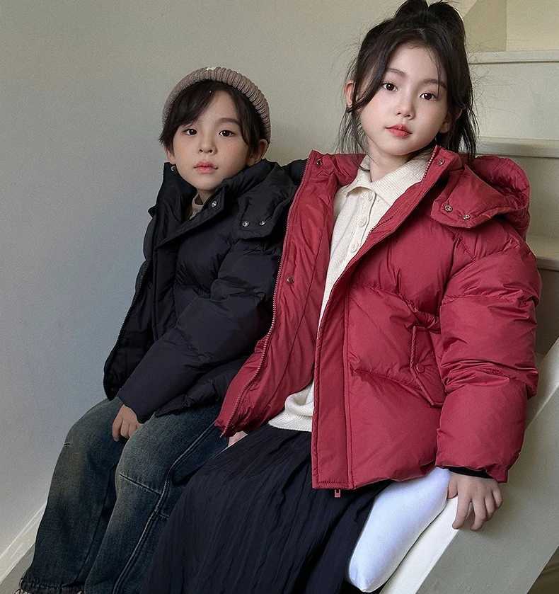 2025 Winter New Down Coats Boys Girls Korean Fashion Solid Color Simple Long Sleeve Thicken Hooded Warm Padded ParkasT251016