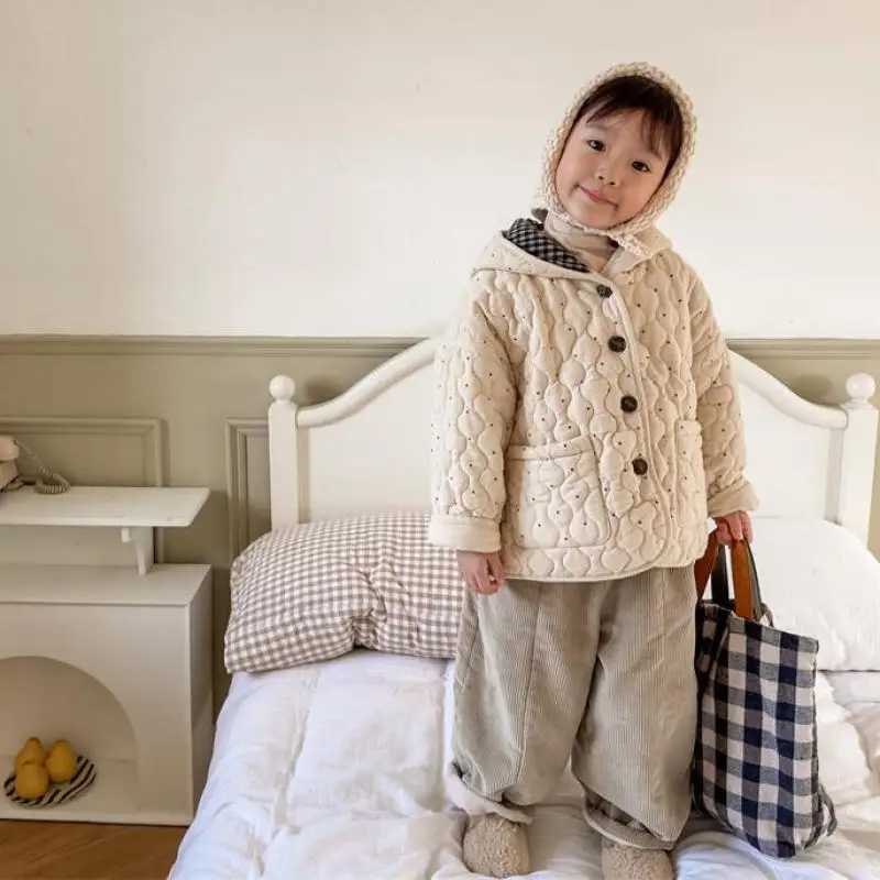 Boys Children Casual Dot Hooded Down Jacket Baby Warm Single Breasted Tops Girls Comfortable Plush Warm Outwear Kids Ribbed CoatT251016