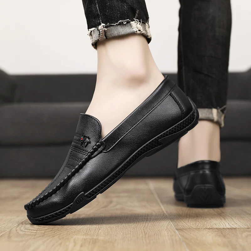 White Black Leather Men Casual Shoes Formal Dress Shoes Men Loafers Breathable Slip on Driving Shoes 251013