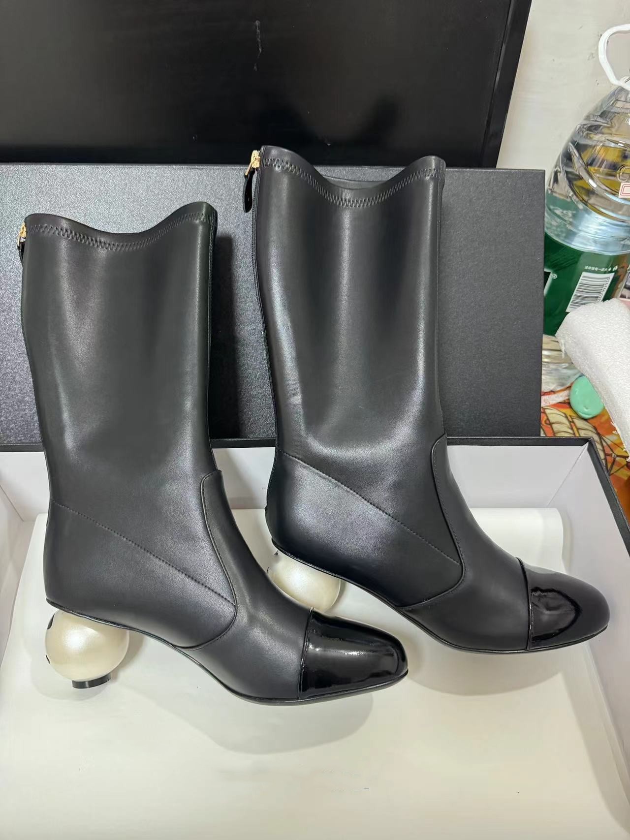 2025 Designer Pearl High Heel Boots Luxury Pearl chain Decorative Genuine Leather Knee Boots Over Knee Boots 35-41