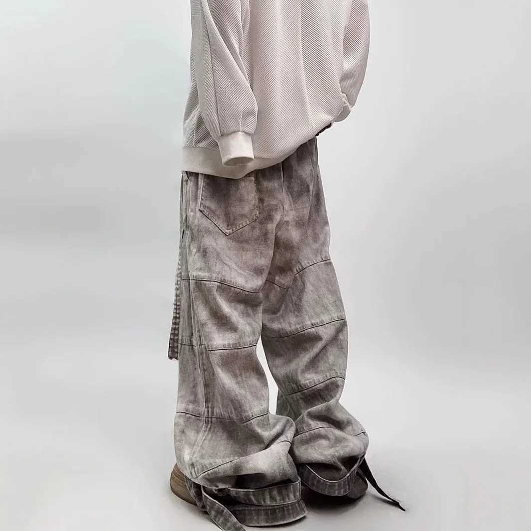 Street Style Tie Dye Ripped Denim Jeans Loose Wide Leg Workwear Trousers for Men Summer 2025 American Retro Casual Jeans J251016