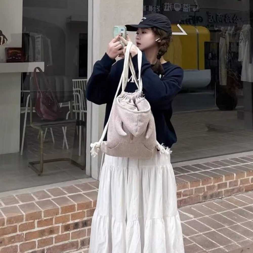 Simple Ox Horn Hooded Backpack Korean Style Solid Color Hoodie Design Schoolbag Zipper Large Capacity Drawstring Bag ShoppingT251016