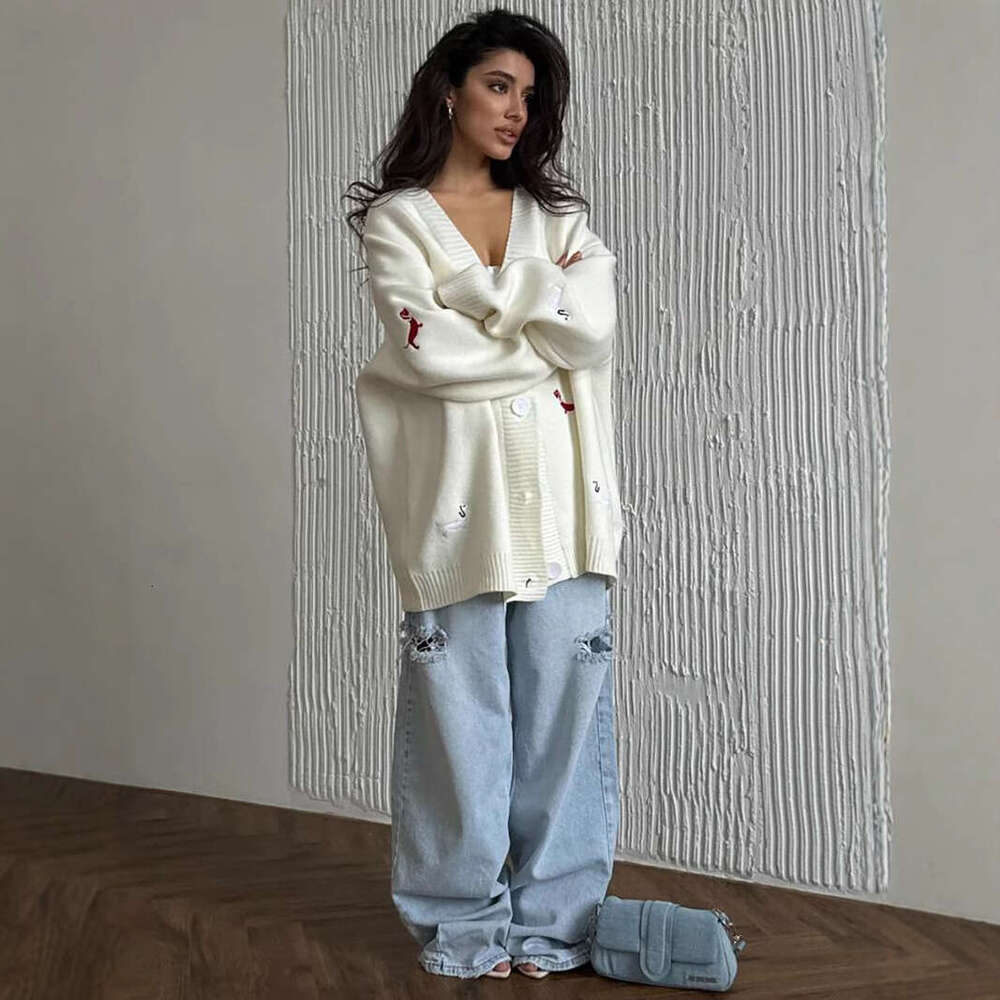 Early Autumn Dachshund Dog Embroidered Sweater Cardigan Loose Versatile V-Neck Long Sleeve Coat Lazy Style Fashion New Women's Clothing B5