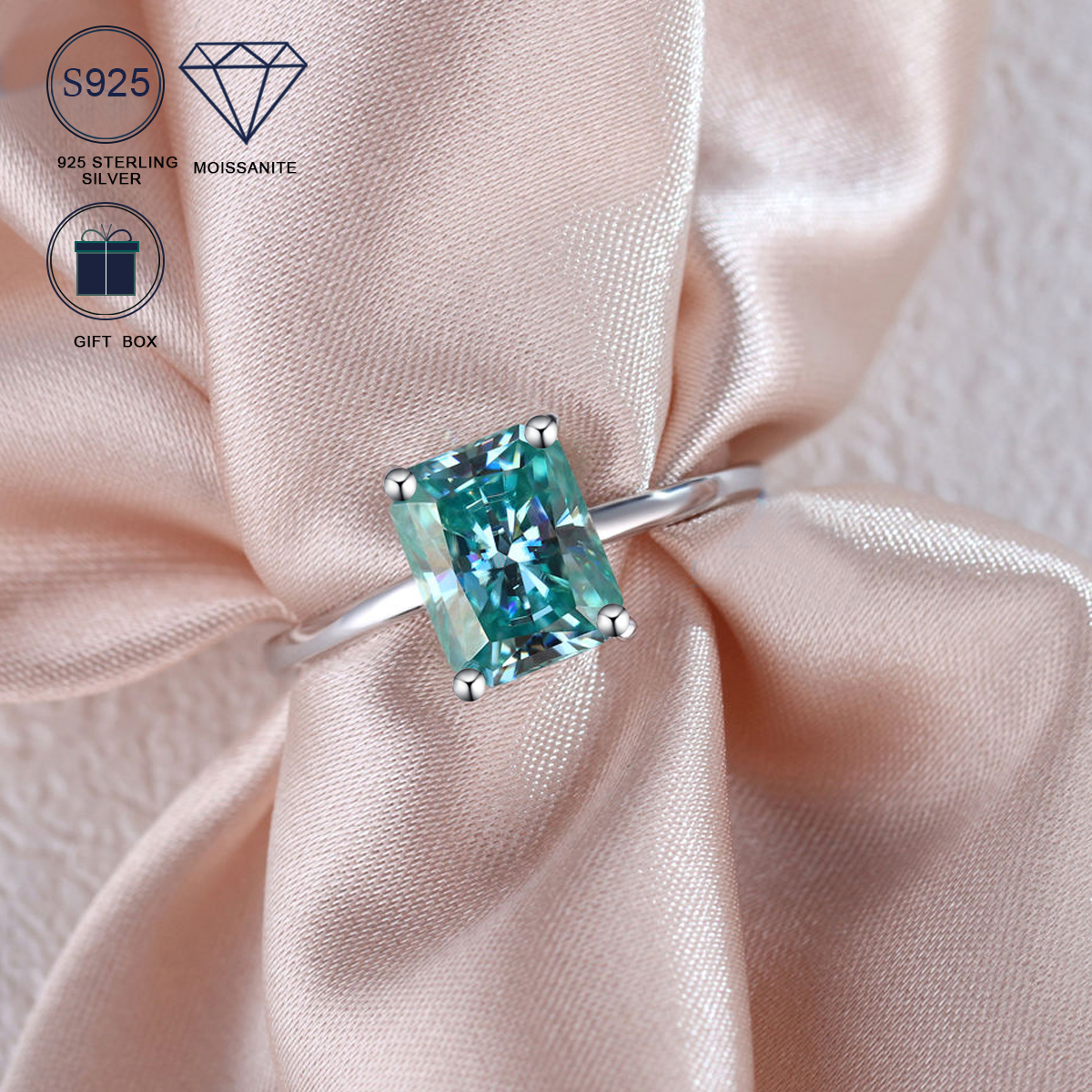 MT 3CT 7x9mm Millimeter Radiant Cut Blue Green and White Moissanite 925 Sterling Silver Ring White Gold Plated Engagement Playing Card Ring High Quali