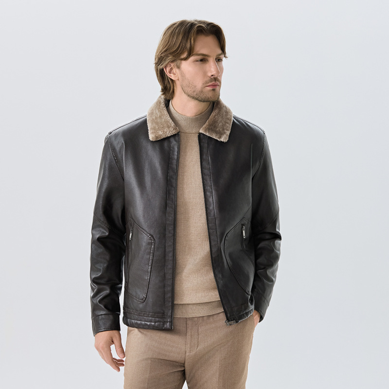 Designer Men's PU Leather Jacket Business Casual Coat Men's Motorcycle Plush Leather Jacket Korean Casual Trendy Workwear Jacket