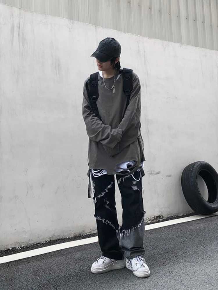 High Street Man Denim Pants Trousers Retro Y2k Straight Jean Streetwear Loose Mopping Pants Loose Design Fashion Casual Pants J251016