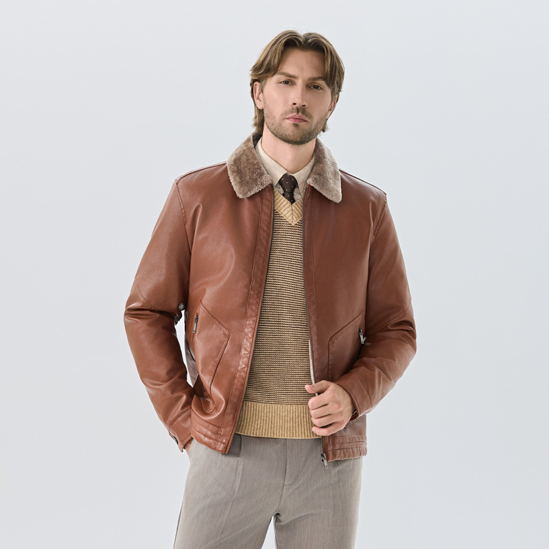 Designer Men's PU Leather Jacket Business Casual Coat Men's Motorcycle Plush Leather Jacket Korean Casual Trendy Workwear Jacket