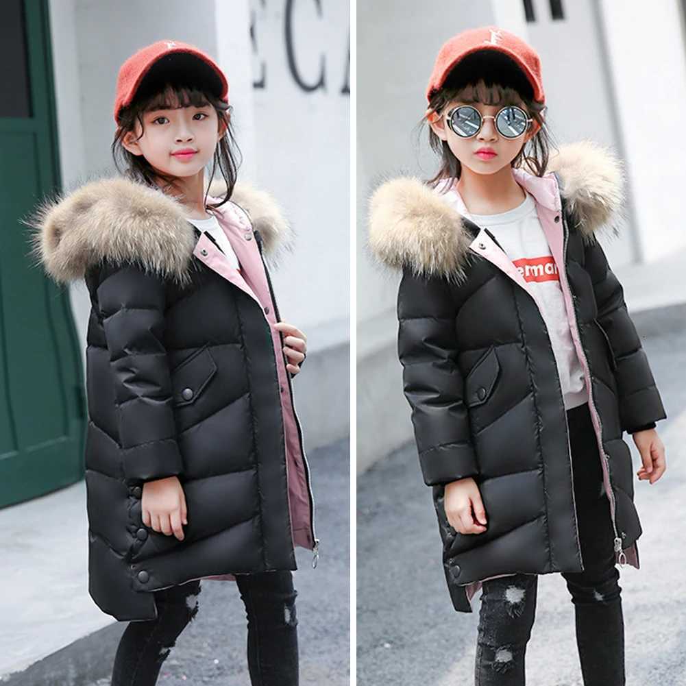 Girls Down Jacket Warm Thick Fur Hooded Cotton Coat Children Outerwear Zipper Letter Printed Long Puffer Coats for WinterT251016