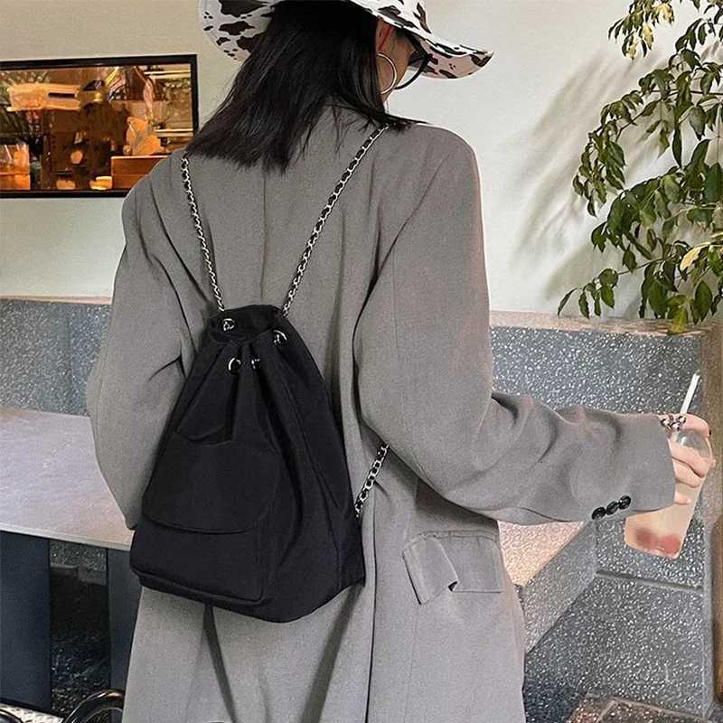 Black Design Fashion Backpack for Women Spring and Summer Casual Travel Drawstring Chain Bucket Bags Girls Nylon Back PacksT251016