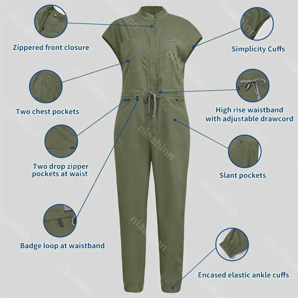 Niaahinn Health Service Nursing Clothes Zipper Neck Lab Jumpsuit Pet Grooming Nurse Uniform Onesie Short Sleeved Scrubs Workwear X2510161