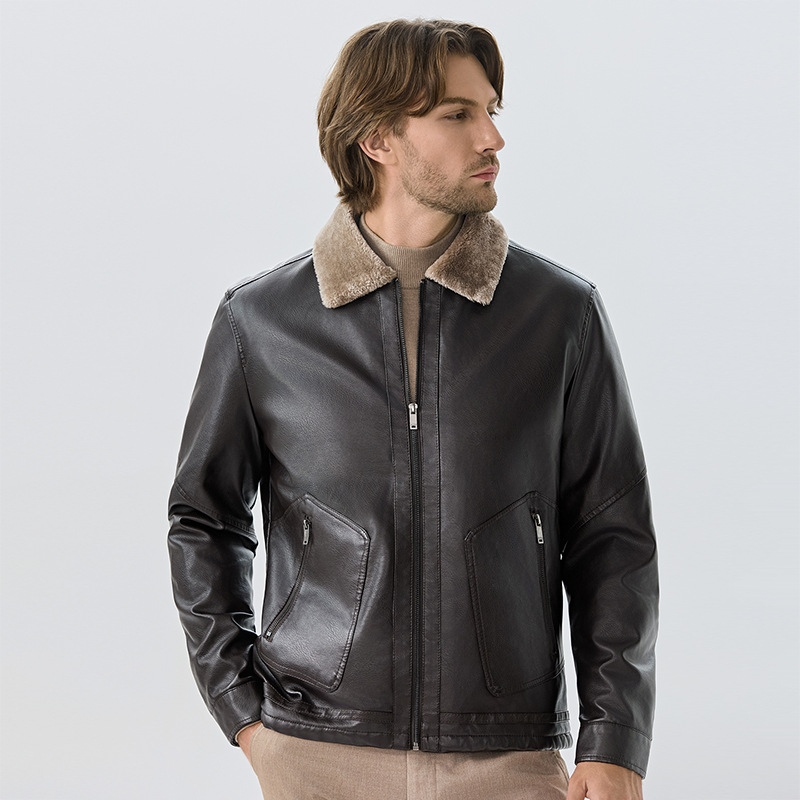 Designer Men's PU Leather Jacket Business Casual Coat Men's Motorcycle Plush Leather Jacket Korean Casual Trendy Workwear Jacket
