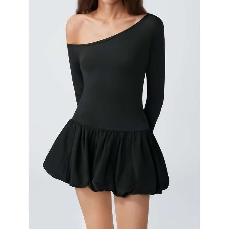 New Style Asymmetrical Long Sleeve Ruched Short Balloon Hem Slim Fit Dress 2025