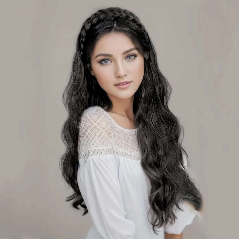 Long Curly Wig for Women with Headband and Fishbone Braid Hair