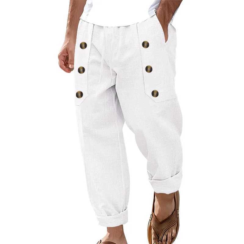 2025 American Casual Beach Men Casual Multibutton Cotton Linen Loose Trousers J251203