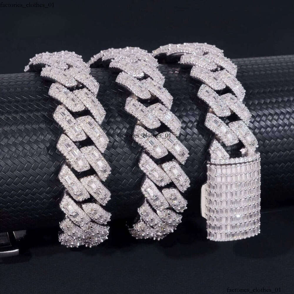 Hip Hop Fine Jewelry Heavy 18mm Sterling Sier Moissanite Baguette Iced Out Cuban Link Chain Necklaces