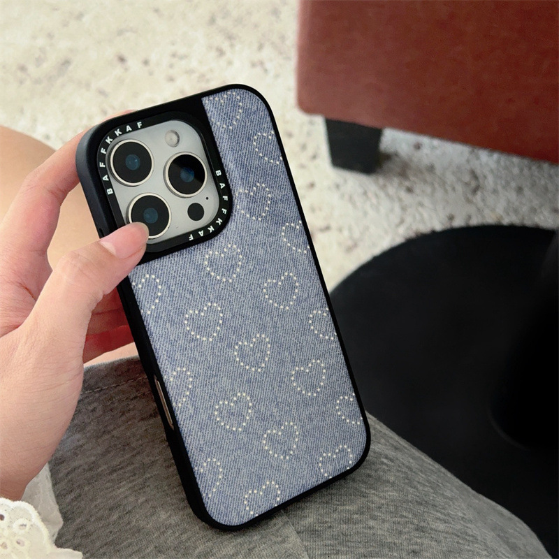 Trendy Black Frame Denim Silver Heart iPhone 17/16 Compatible iPhone15/14/13 Pro Max Phone Case Cover