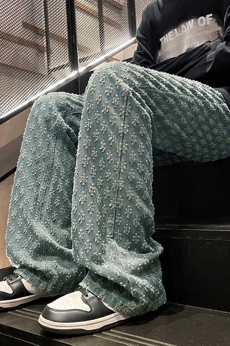 American Street Jeans Men Retro Embroidered Print Denim Trousers Fashion Brand Jacquard Design Mens Y2K Wide Legs Hip Hop Jeans J251016