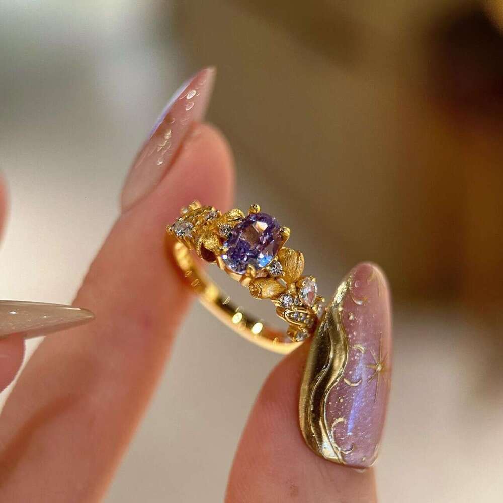 French Style Nine Purple Fire Wattle Flower Vintage Light Luxury Niche Fashion Versatile Handmade Brushed Ring ddmypluto