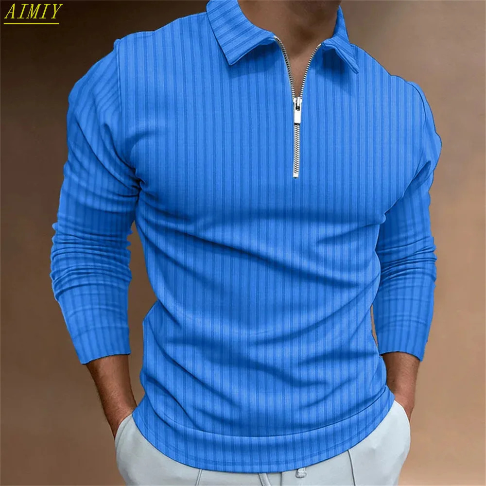Mens Autumn And Winter Solid Color Lapel Leisure Sports Polo Shirt Zipper Striped Long Sleeve High Elasticity a251016