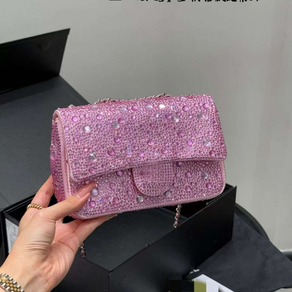 luxury designer bag Full Flap CF Small Square Crystal Inlaid Single Shoulder Crossbody Starry Sky Sparkling Diamond Chain Bag vanity women Pink red wedding