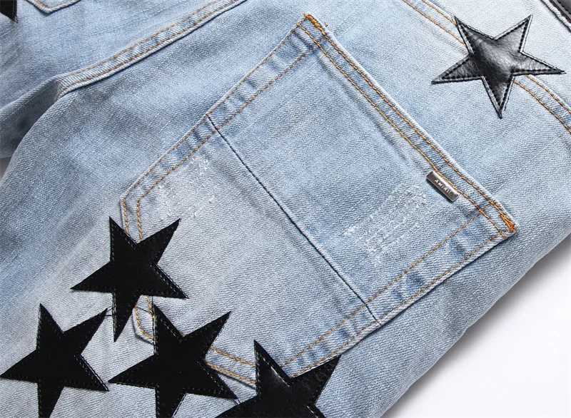 Mens high street new ripped stars patch jeans man fashion slim feet full of stars stretch jeans male trend w873 J251016