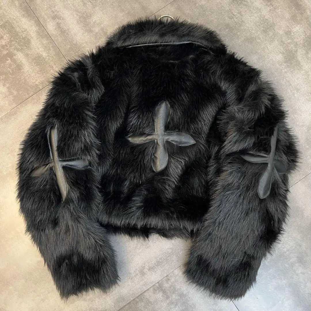 2025 Winter Women Cotton Jacket Lapel Long Sleeve Patch Cross Short Fur Coat Black W251016