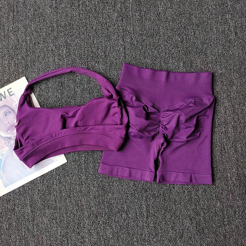 2PCs Peach High Waist Belly Hip Lifting Sports Bras Shorts Suit Gathering Shockproof Neck Halter Yoga Suit Running Fitness Set 251016